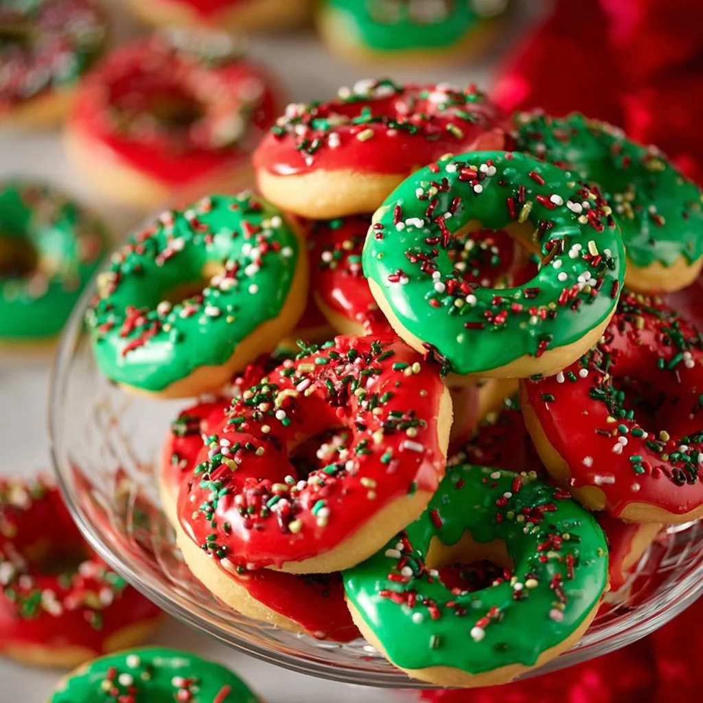 Festively decorated Christmas Donut Cookies for the holiday season.