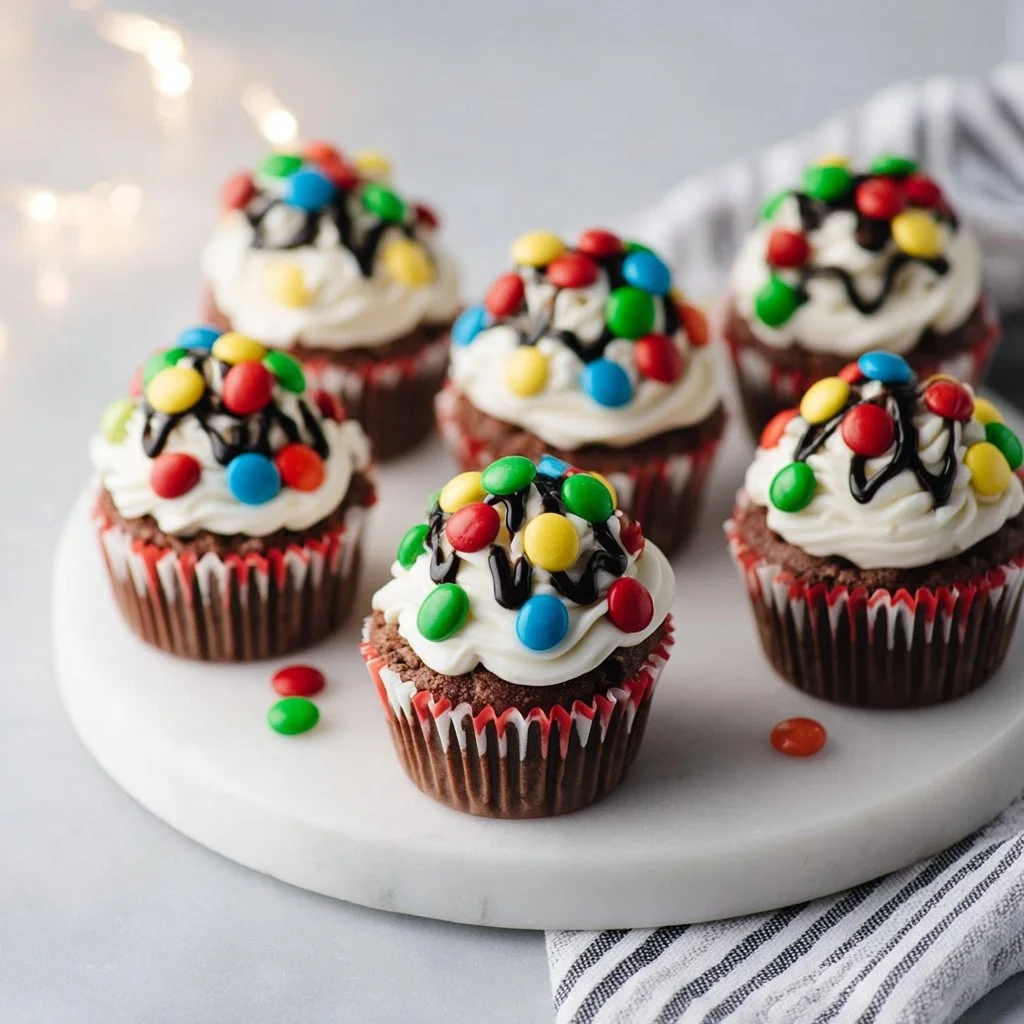 Colorful Christmas Light Cupcakes decorated with festive frosting