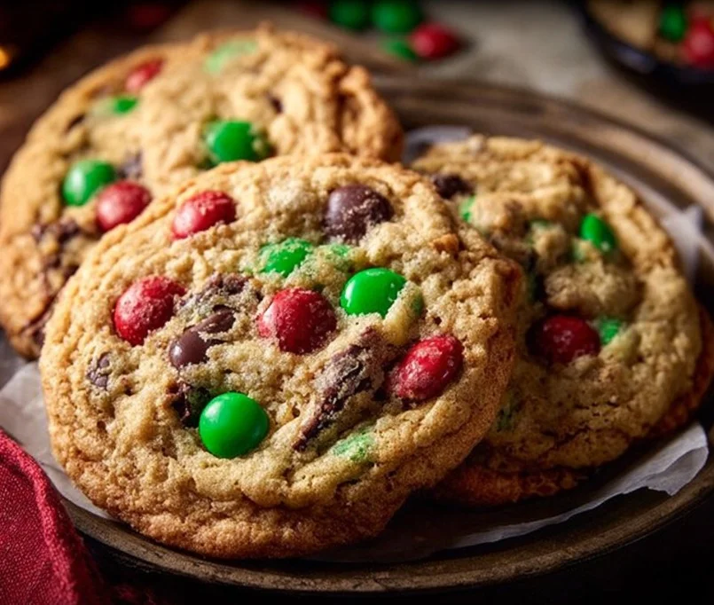 Festive Christmas Monster Cookies with colorful candies and toppings