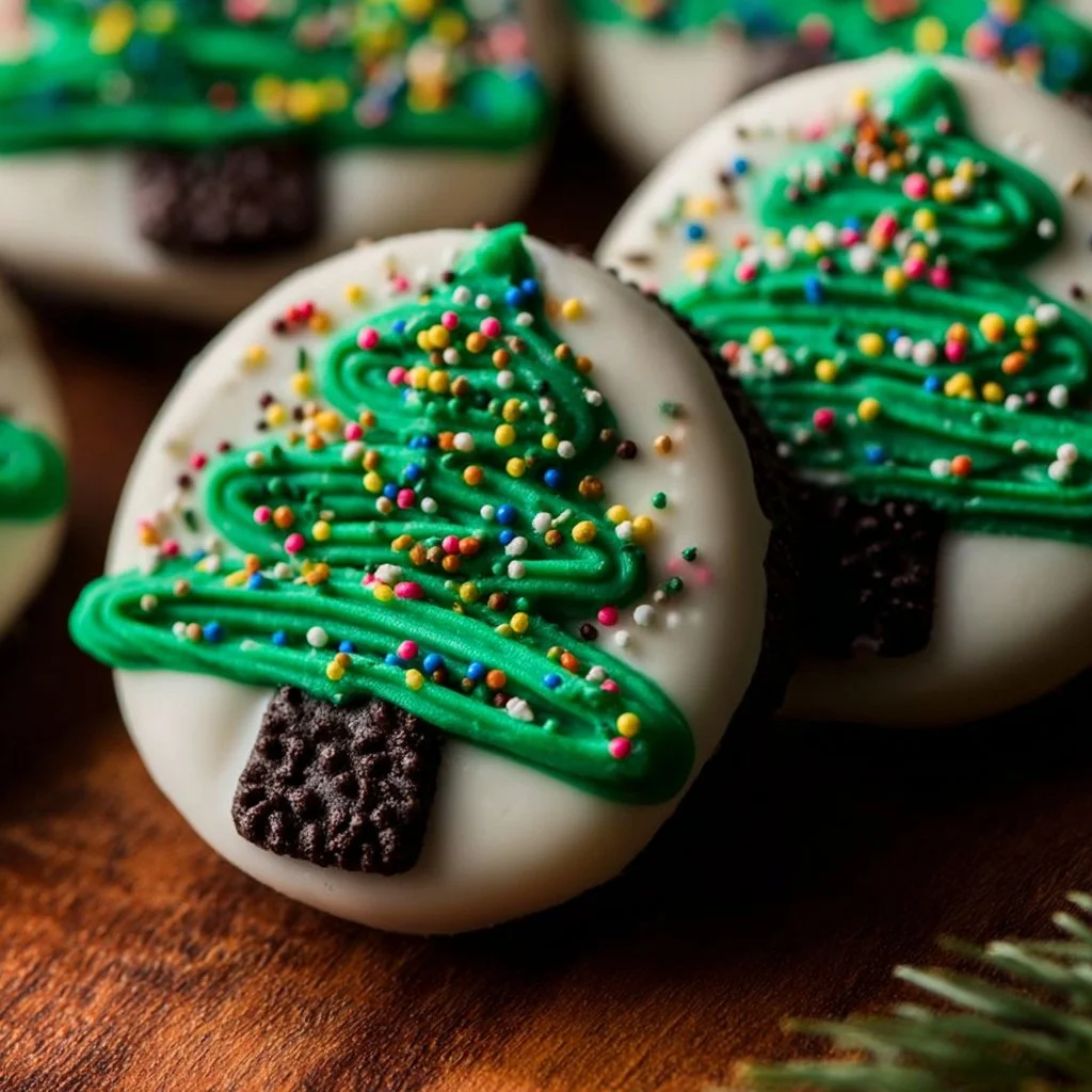 Festively decorated Christmas Oreos arranged on a holiday-themed tray.