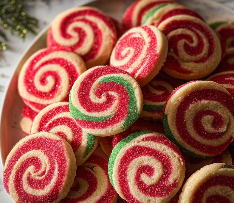 Christmas Pinwheel Sugar Cookies decorated for the holiday season