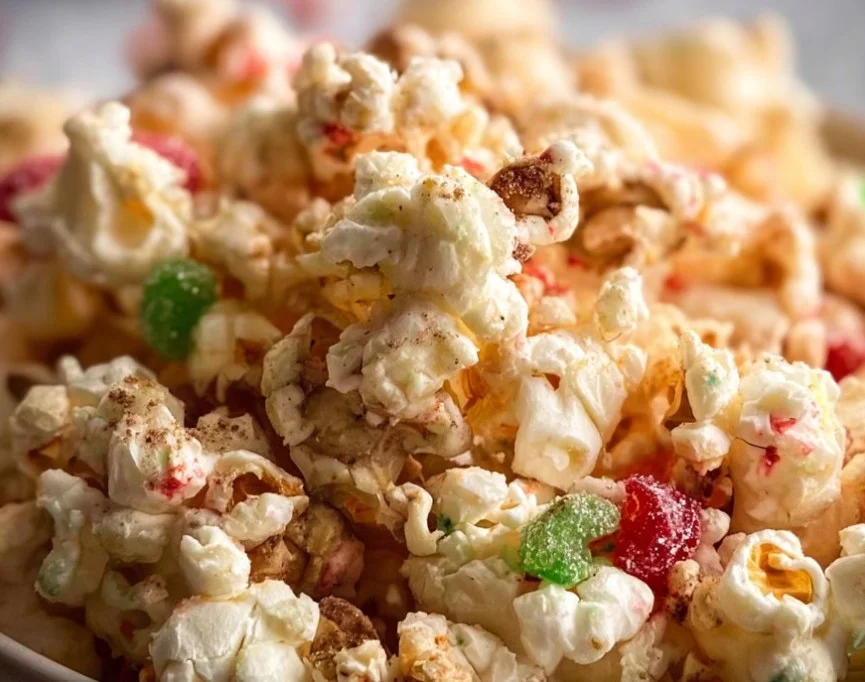 Festive Christmas popcorn recipe with colorful toppings and holiday decorations.