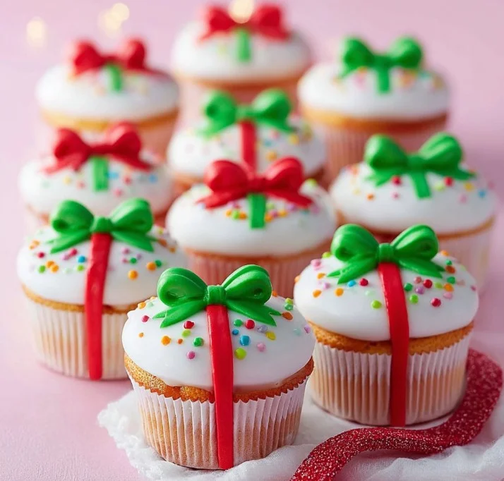 Christmas Present Cupcakes decorated with festive bows and holiday colors.