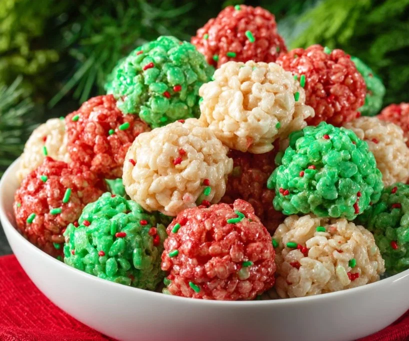 Christmas Rice Krispie Treat Bites decorated for the holiday season