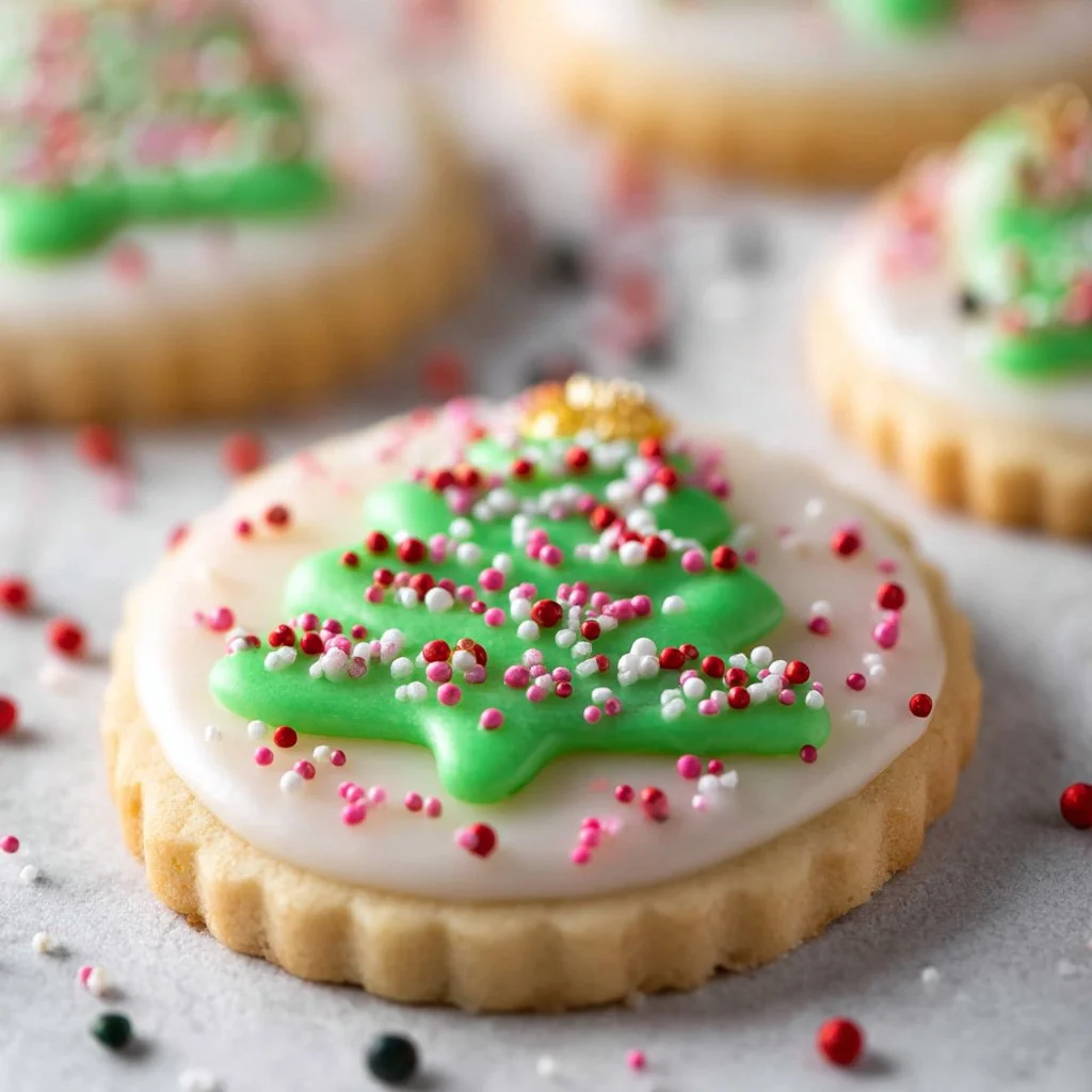 Plate of delicious Christmas shortbread cookies decorated with festive colors.