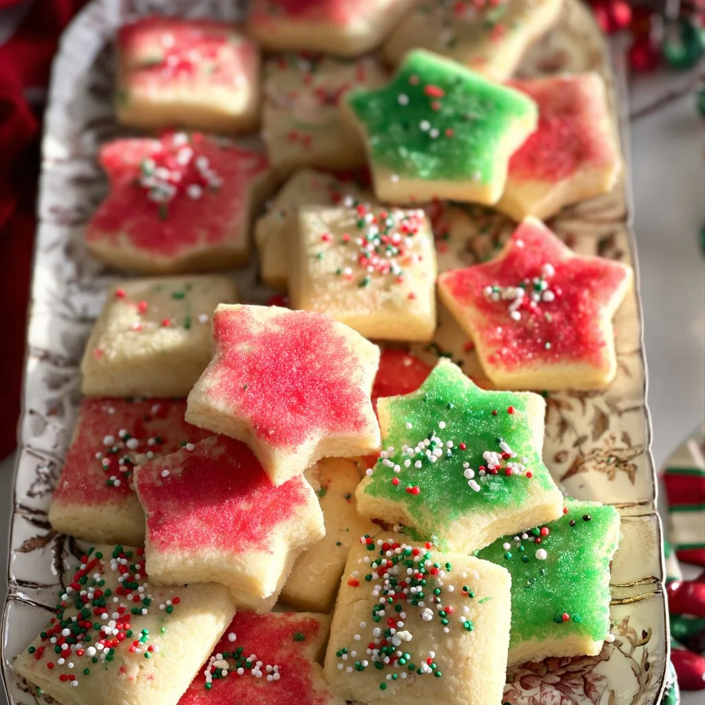 Festive Christmas sugar cookie bites on a decorative plate.