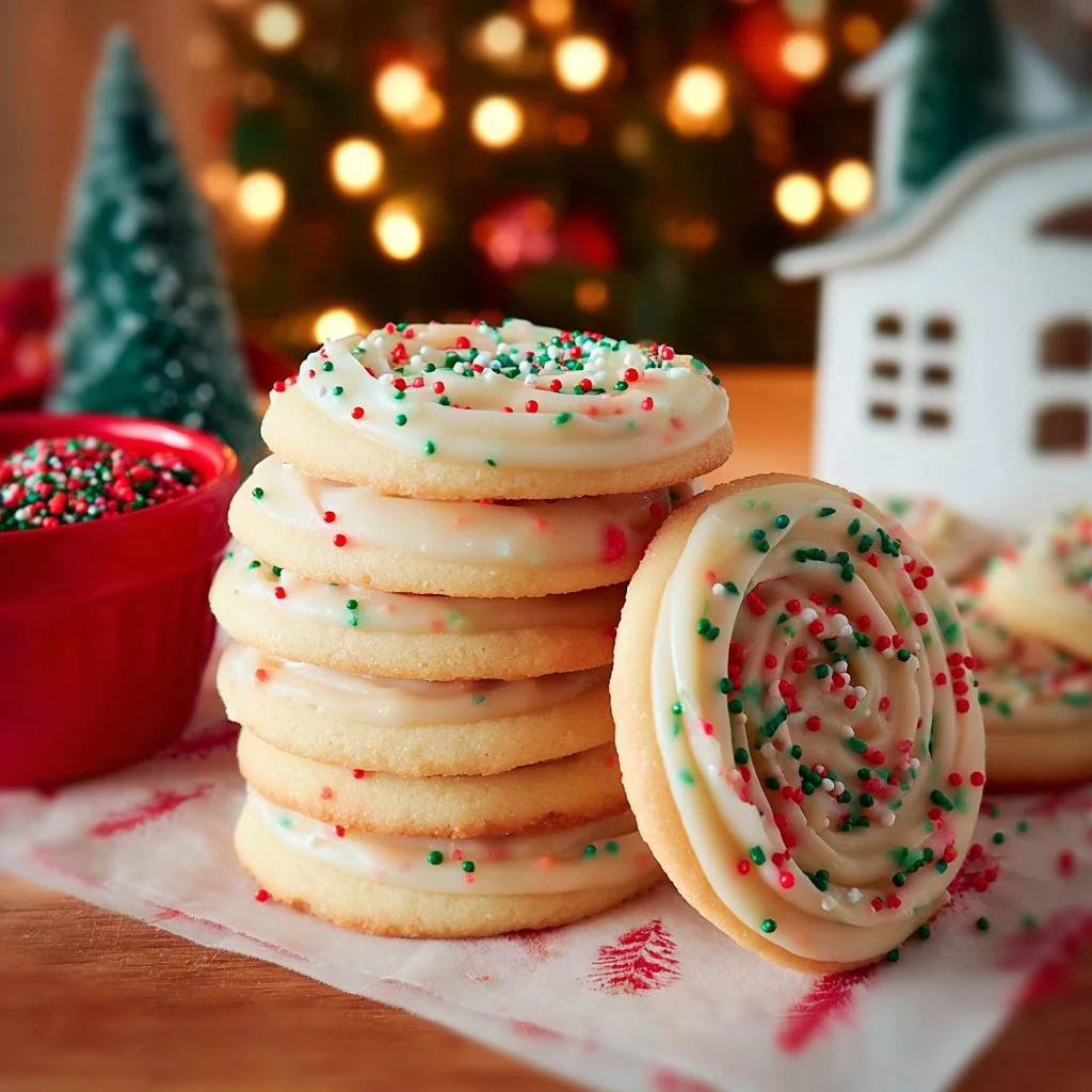 Decorated Christmas Sugar Cookies on a festive holiday tray