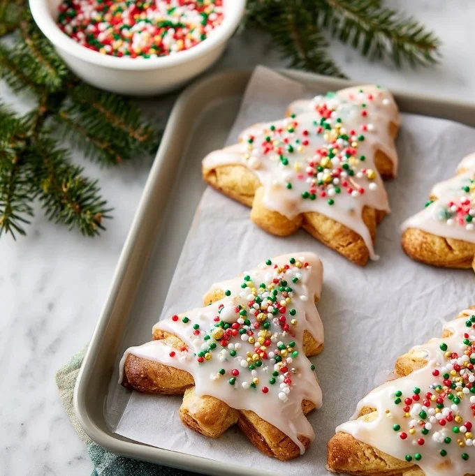 Festively shaped Christmas Tree Cinnamon Rolls decorated with icing
