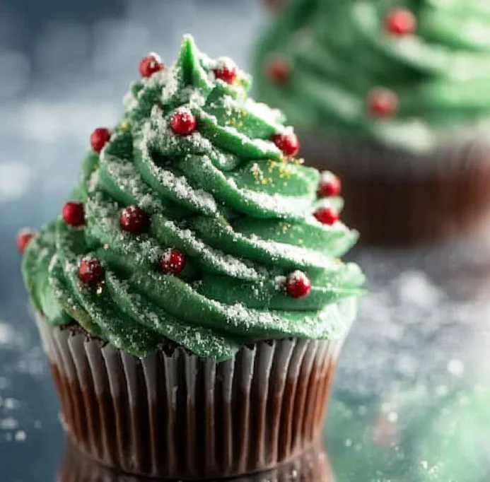 Festive Christmas tree cupcakes decorated with green frosting and edible ornaments