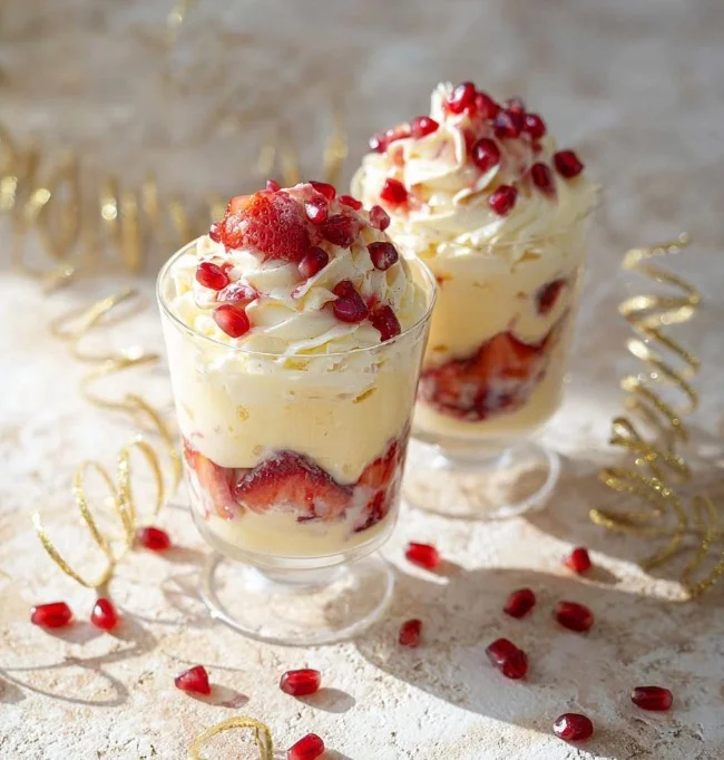 Delicious Christmas Trifle dessert layered with berries, cream, and sponge cake.