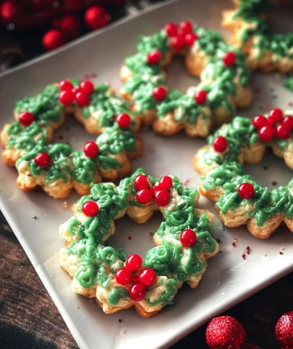 Colorful Christmas wreath cookies decorated with festive sprinkles and icing