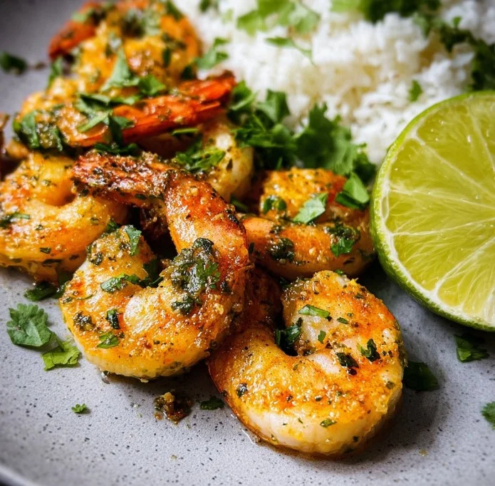 Cilantro lime shrimp dish garnished with fresh lime and cilantro