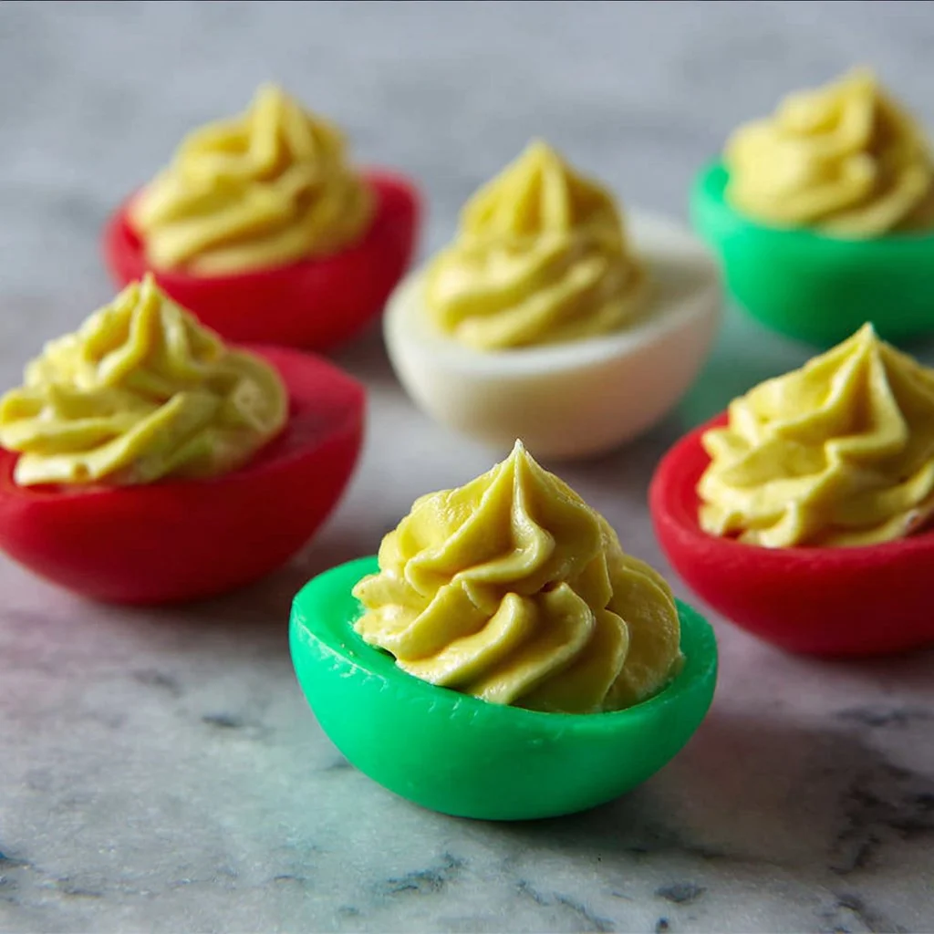 Classic devilled eggs recipe with a holiday twist served on a festive platter