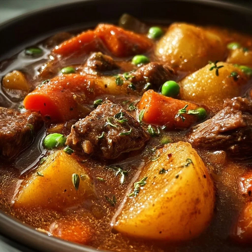 Bowl of comforting crockpot beef stew with vegetables and herbs
