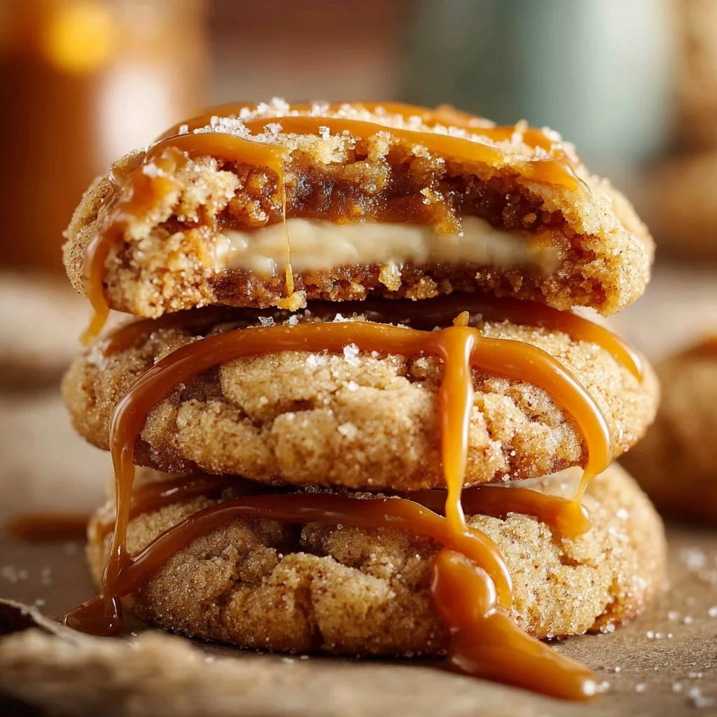 Delicious salted caramel cheesecake cookies inspired by Crumbl bakery recipe.