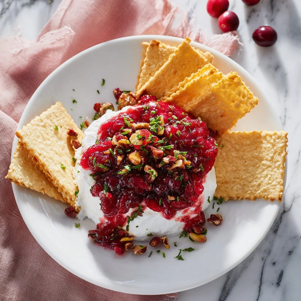 Creamy Cranberry Cream Cheese Dip served with crackers and garnished with herbs.