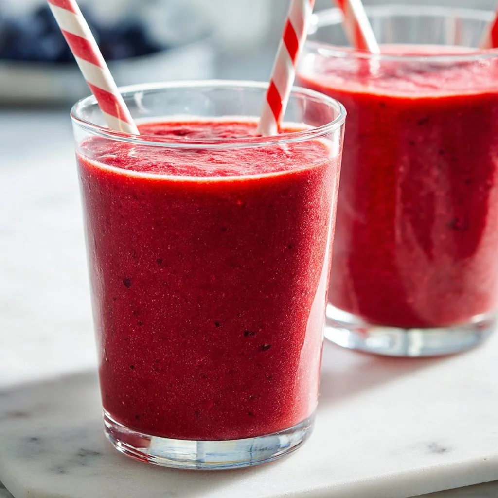 Healthy cranberry smoothie in a glass with fresh cranberries and fruit