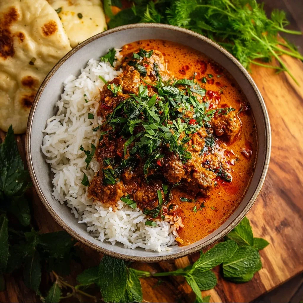 Creamy butternut squash butter chicken served in a bowl with fresh herbs