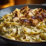 Creamy Cajun chicken pasta dish with colorful peppers and herbs