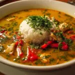A delicious bowl of creamy Cajun Chicken Soup garnished with herbs and spices.