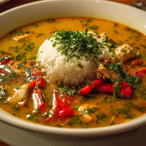 A delicious bowl of creamy Cajun Chicken Soup garnished with herbs and spices.