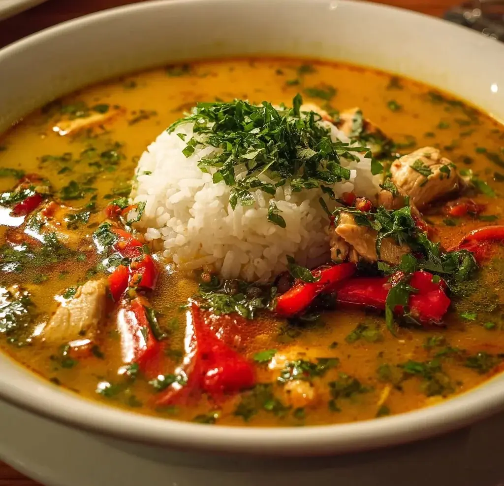 A delicious bowl of creamy Cajun Chicken Soup garnished with herbs and spices.