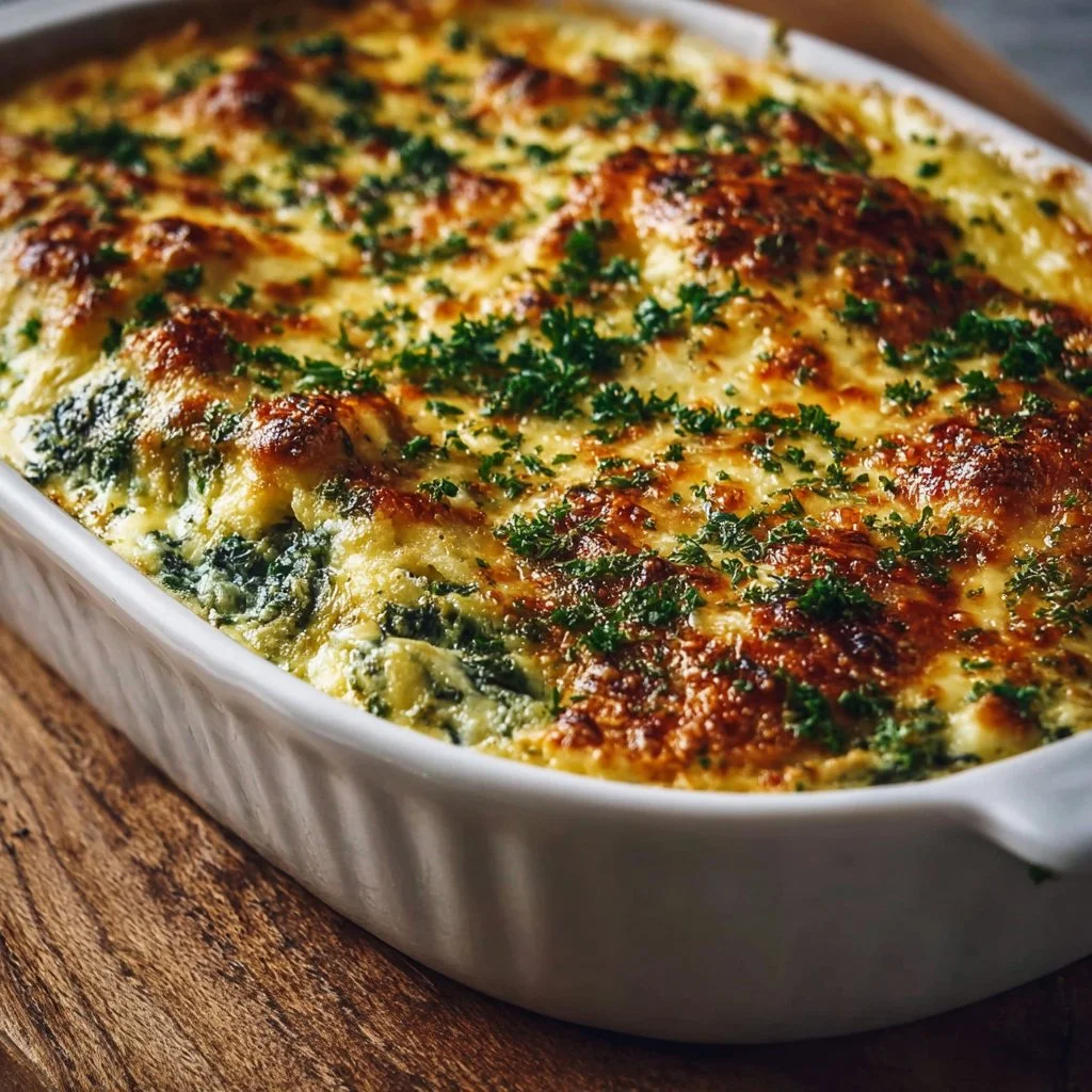 Creamy chicken and spinach casserole dish ready to serve