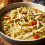Bowl of creamy chicken noodle soup with fresh herbs and vegetables.