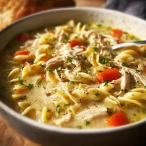 Bowl of creamy chicken noodle soup with fresh herbs and vegetables.