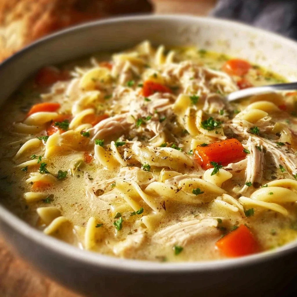 Bowl of creamy chicken noodle soup with fresh herbs and vegetables.