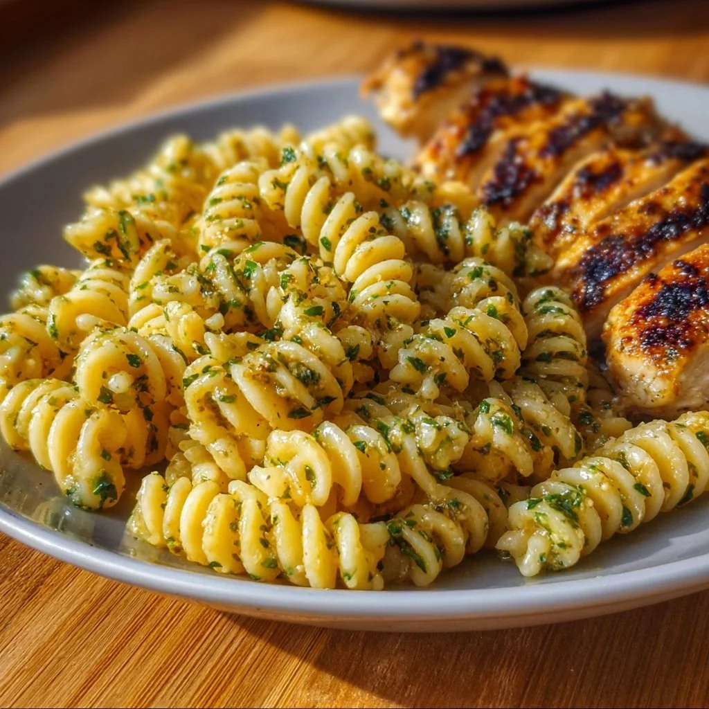 Creamy garlic parmesan chicken pasta dish with herbs and a sprinkle of cheese