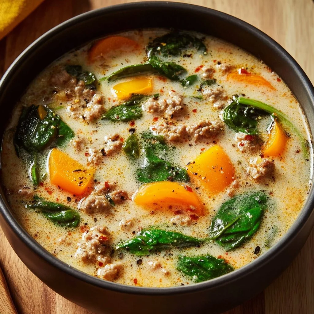 Creamy Italian Ground Chicken Soup served in a bowl with herbs and spices