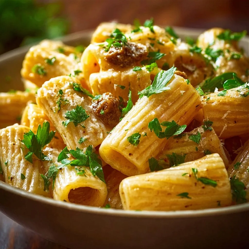 Creamy Parmesan beef with rigatoni served in a bowl.