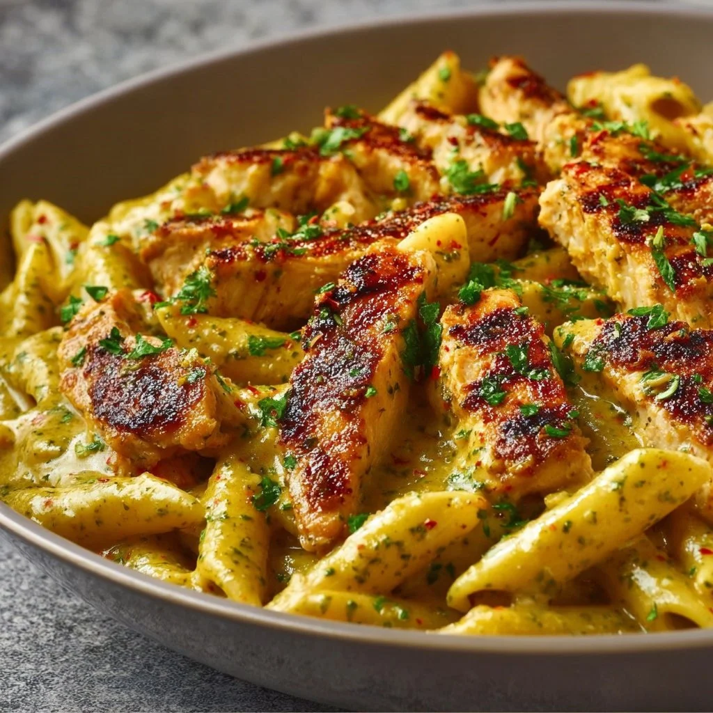 Creamy pesto sauce pasta dish garnished with fresh basil and grated cheese