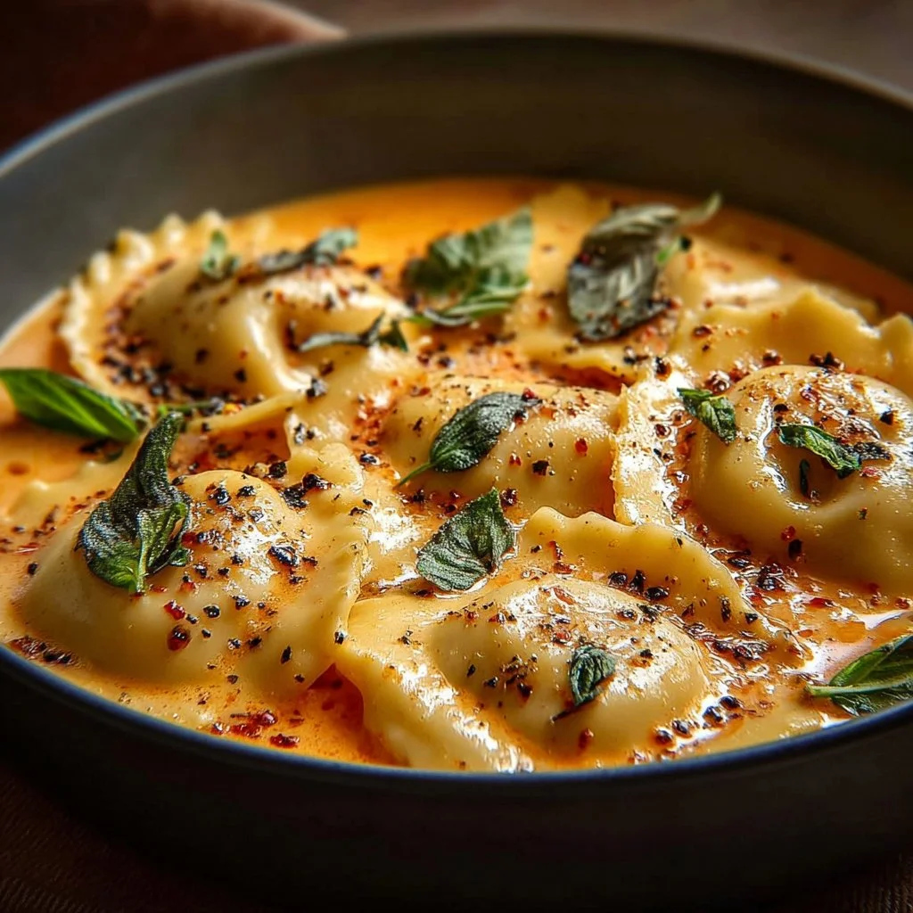Delicious creamy Tuscan Ravioli Soup in a bowl garnished with herbs