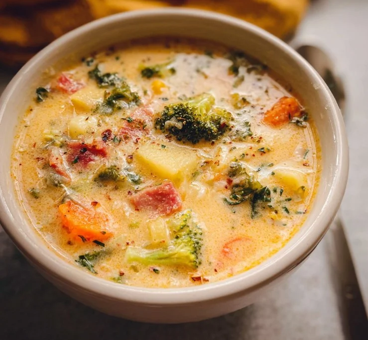 Bowl of creamy vegetable soup filled with vibrant vegetables and herbs