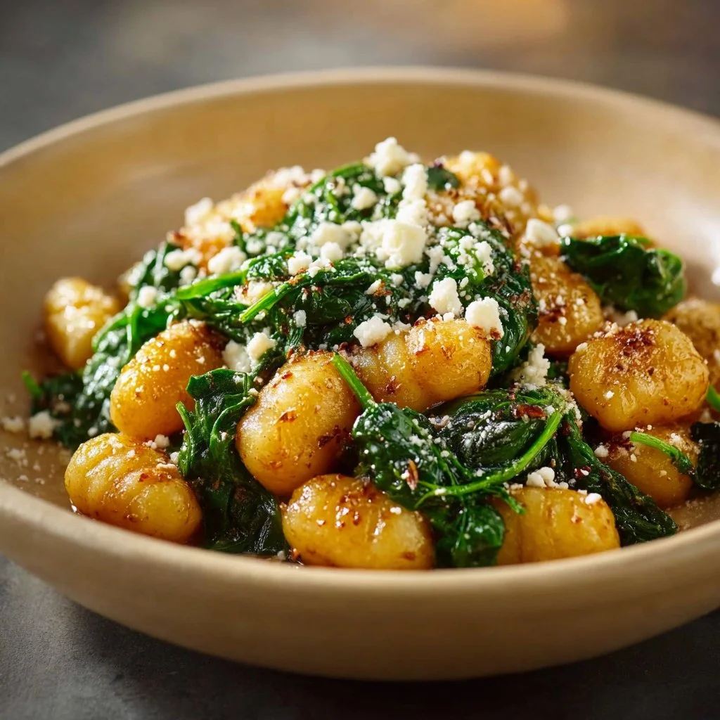 Crispy gnocchi with spinach and feta served in a bowl