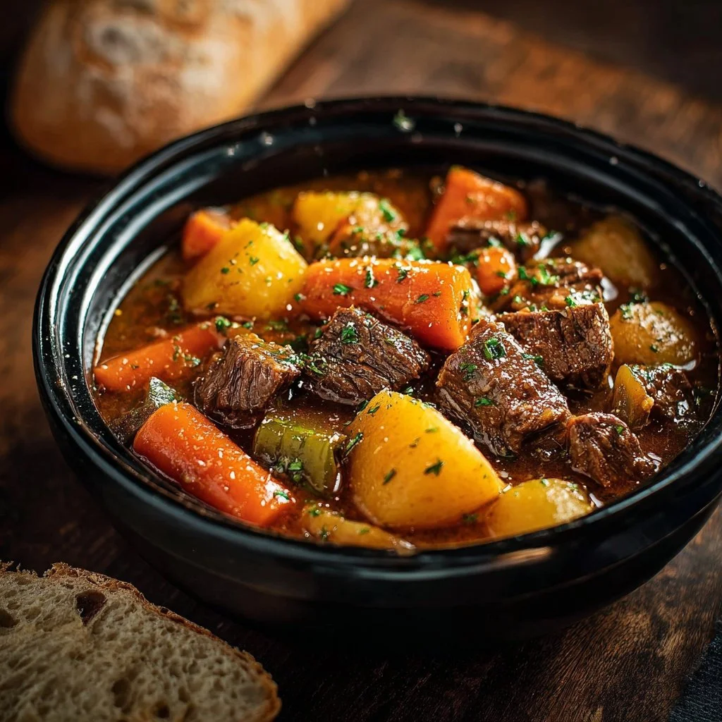 Delicious bowl of Crock Pot beef stew with fresh vegetables and tender meat