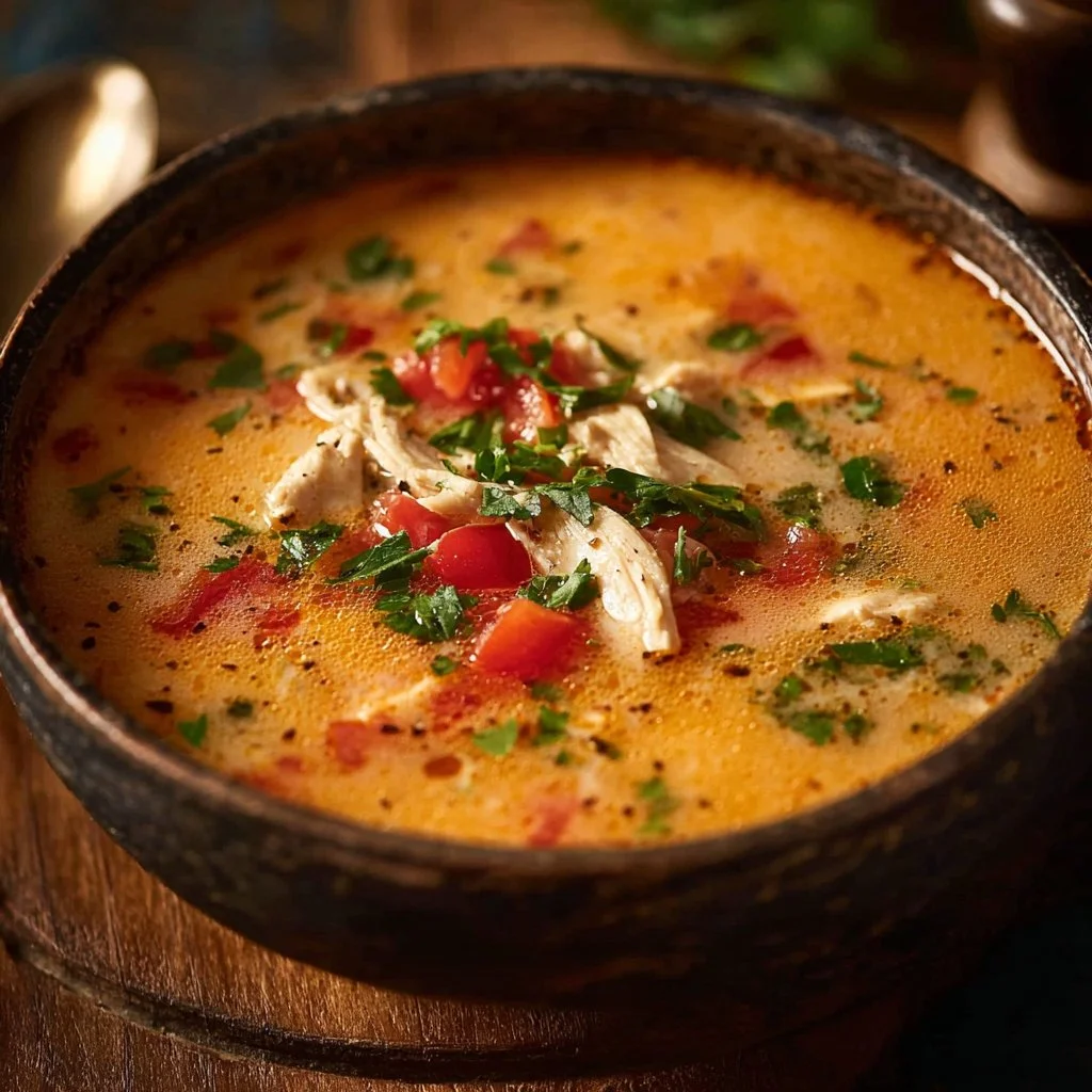 Bowl of Crock Pot Creamy Chicken Parmesan Soup topped with herbs and cheese.