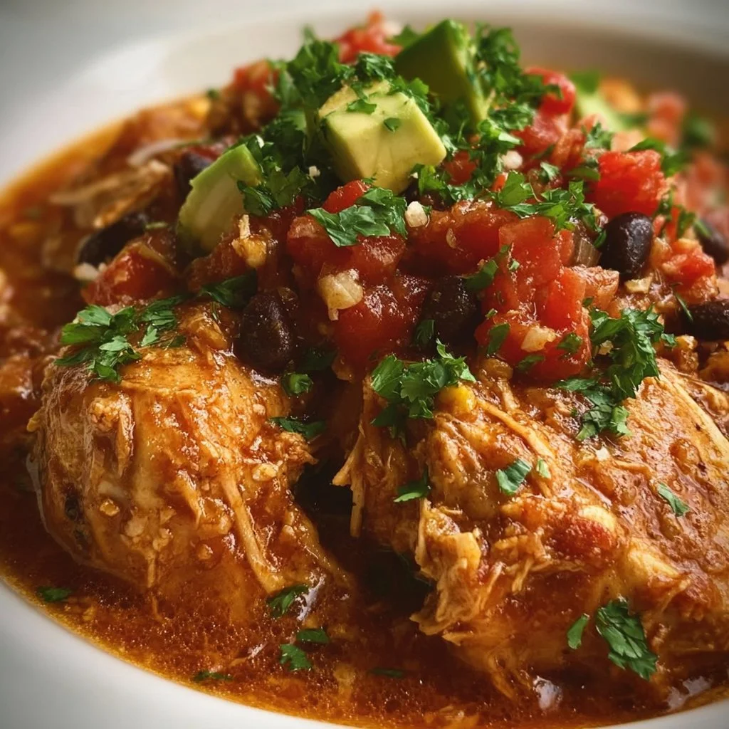 Crock Pot Fiesta Chicken dish with colorful ingredients and herbs