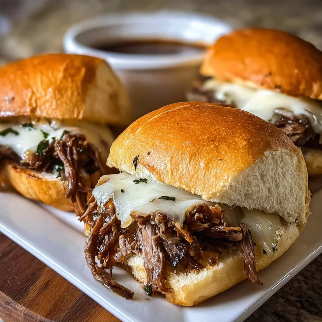 Delicious Crock Pot French Dip Sandwiches served with dipping sauce.