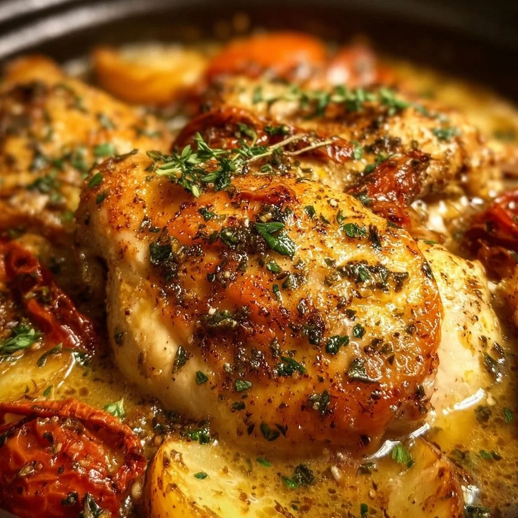 Crock Pot Marry Me Chicken recipe served on a plate with herbs and spices.