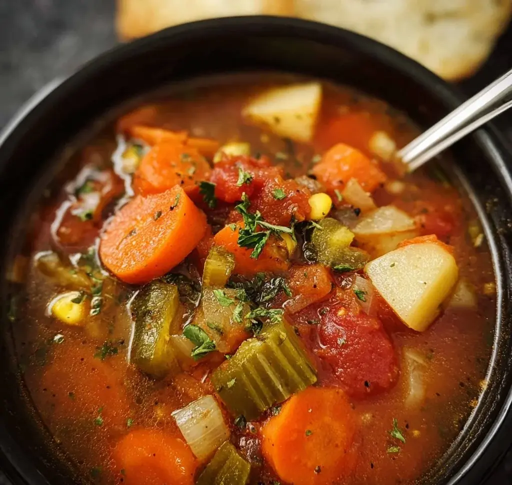 Delicious crock pot vegetable soup with fresh vegetables in a bowl