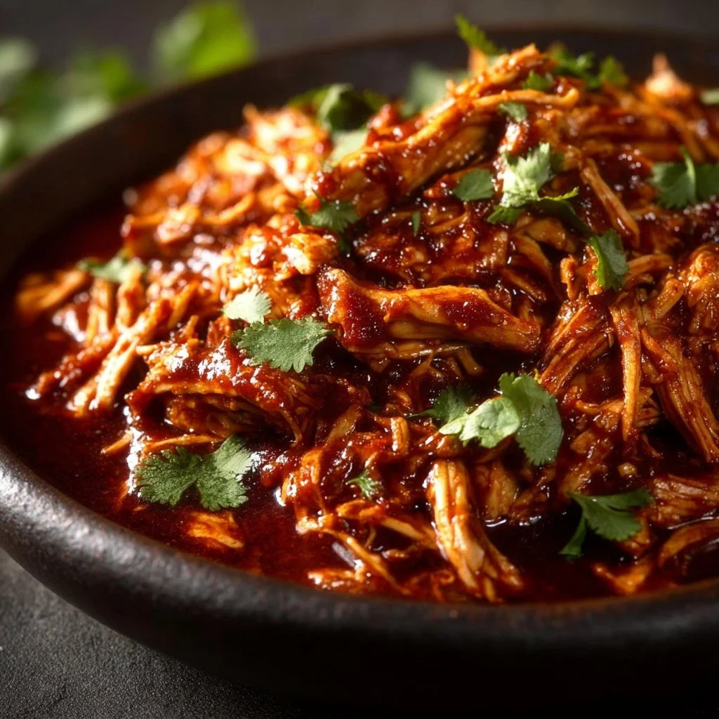 Crockpot BBQ Chicken in a serving dish with sauce and herbs