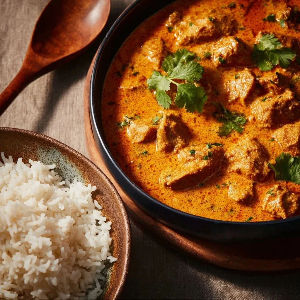 Delicious homemade Crockpot Butter Chicken served with rice and garnished with cilantro