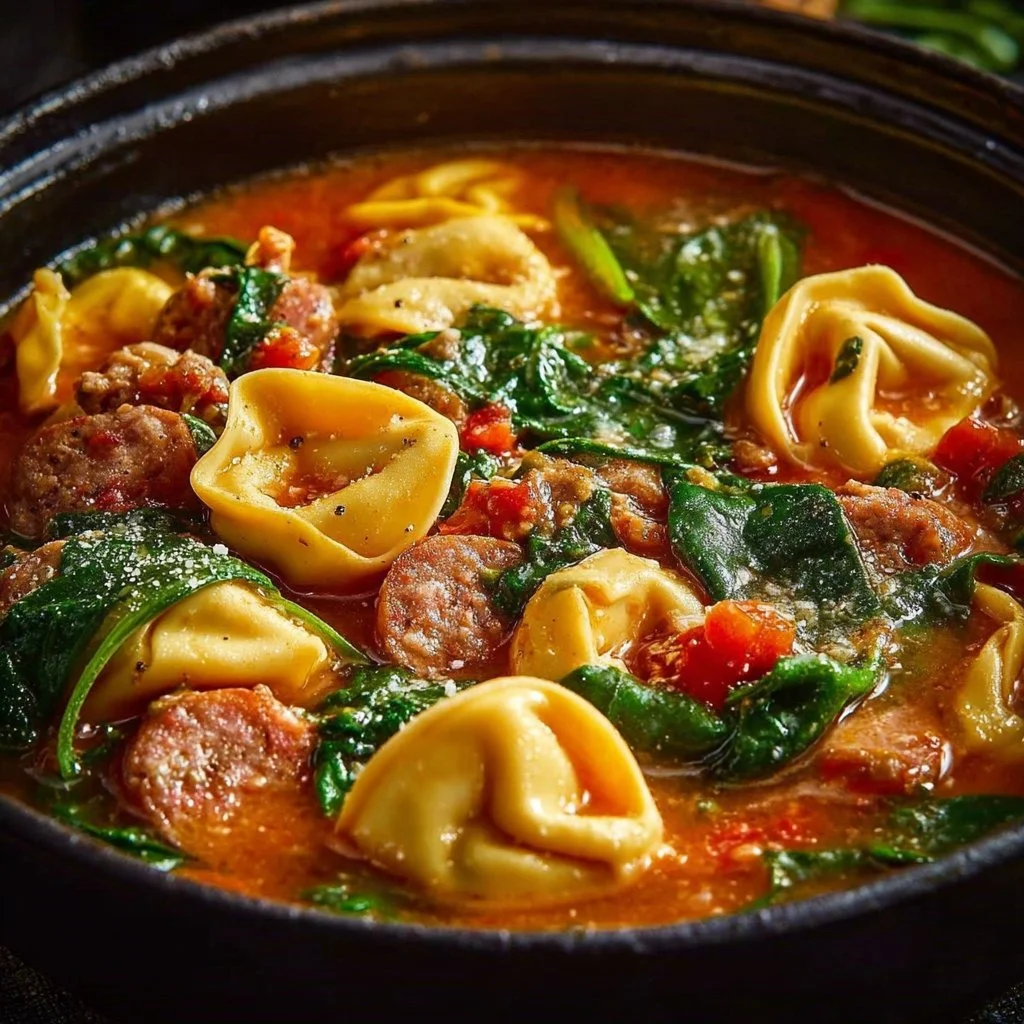 Crockpot Cheese Tortellini with Sausage dish garnished with herbs