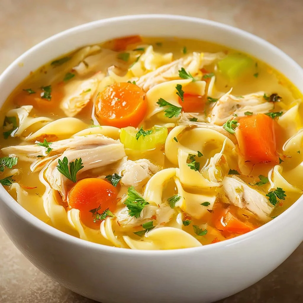 Delicious crockpot chicken noodle soup in a bowl garnished with parsley