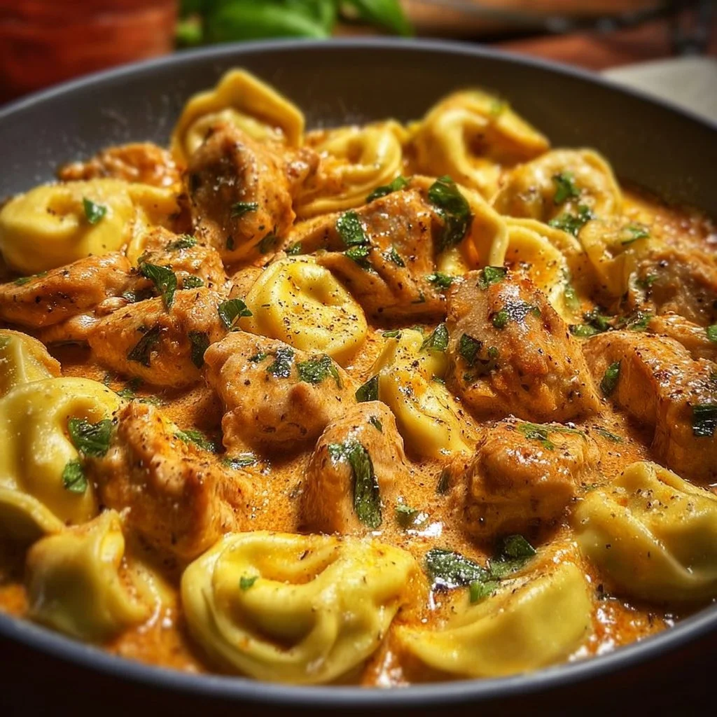 Delicious CrockPot Chicken Tortellini served in a bowl with fresh herbs