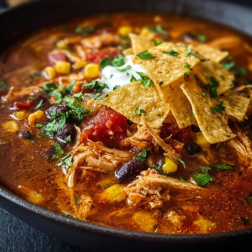 Crockpot Chicken Tortilla Soup garnished with fresh cilantro and tortilla strips