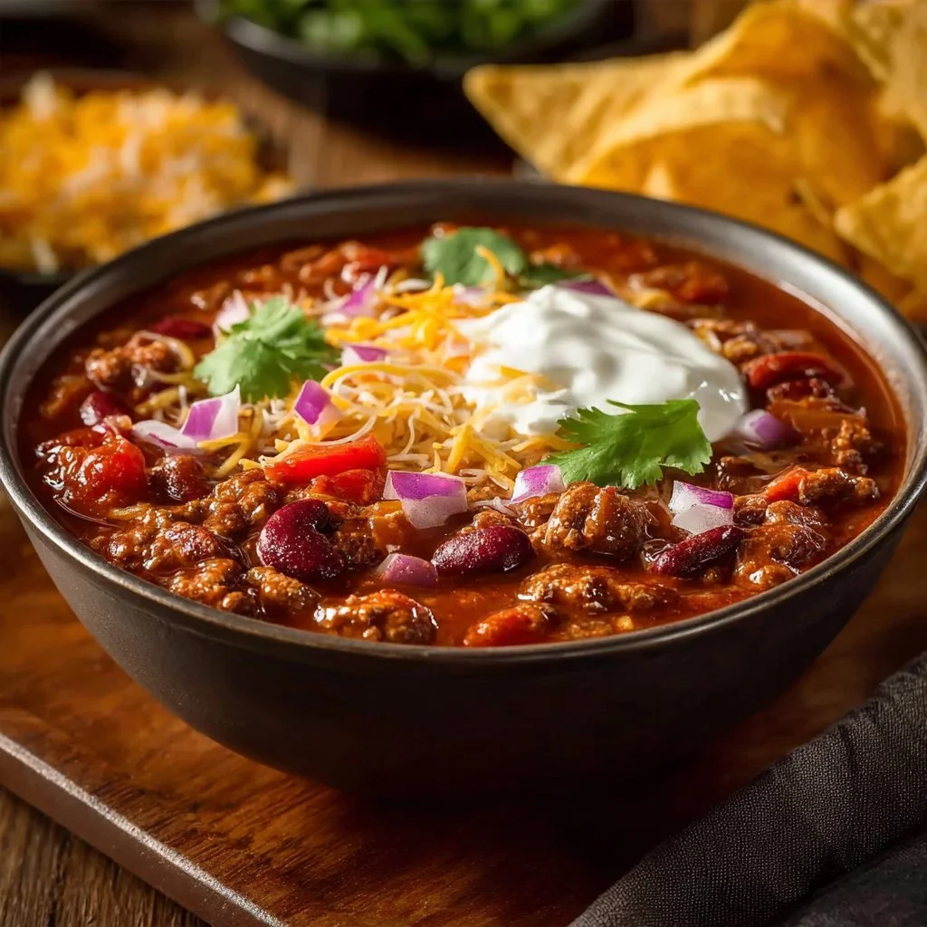 Delicious Crockpot Chili cooking in a slow cooker, ready to serve.